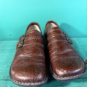 Alegria Floral Embossed Brown Leather Mules